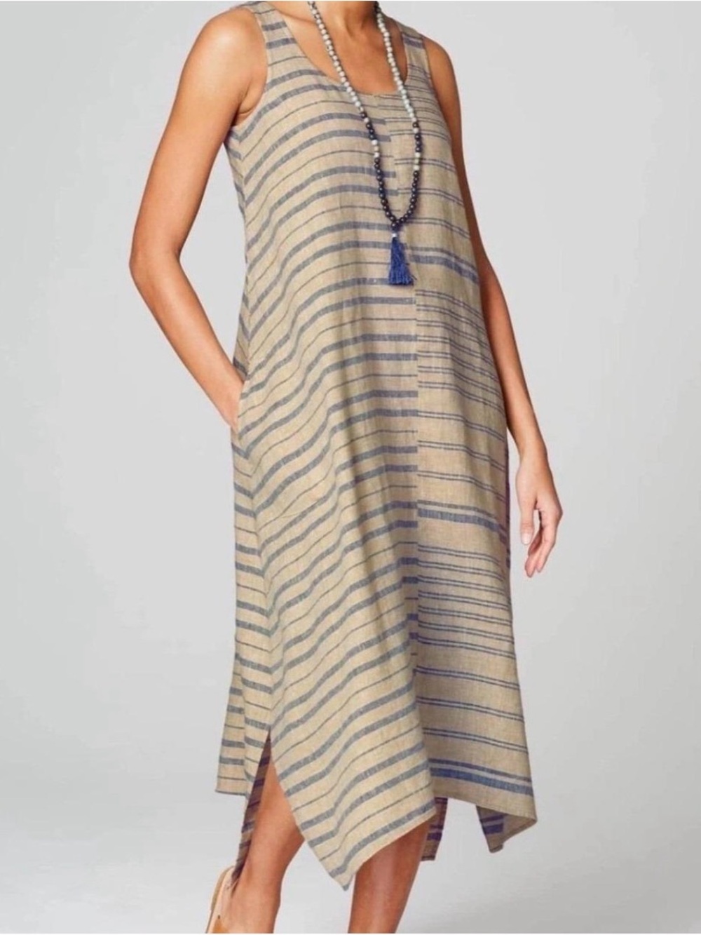 Pure Jill Linen Sleeveless Striped Midi Dress - Beige & Blue